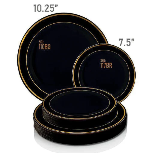 10.25" Black With Gold Edge Rim Plastic Dinner Plates (50 Plates)