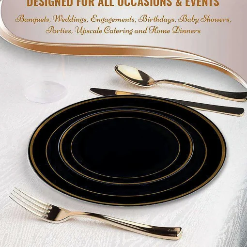 10.25" Black With Gold Edge Rim Plastic Dinner Plates (50 Plates)