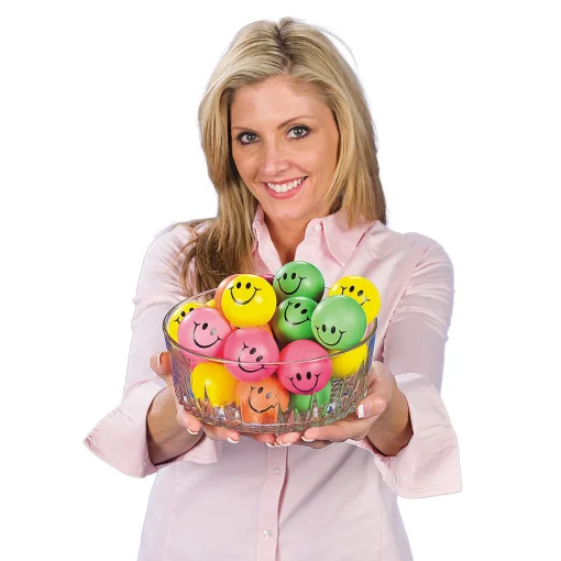 Mini Neon Smile Face Stress Balls - 24 Pc.