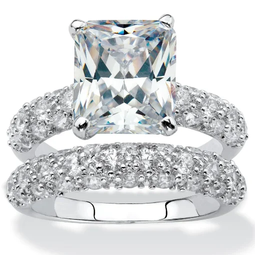 Palmbeach Jewelry Platinum-Plated Emerald Cut Cubic Zirconia Bridal Ring Set Sizes 5-10