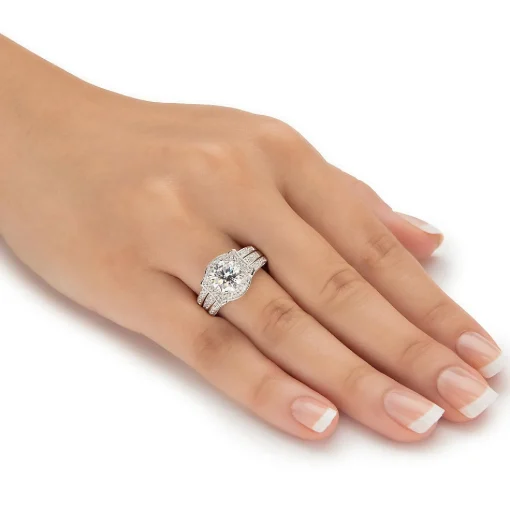 Palmbeach Jewelry Platinum-Plated Sterling Silver Round Cubic Zirconia Jacket Bridal Ring Set Sizes 5-10