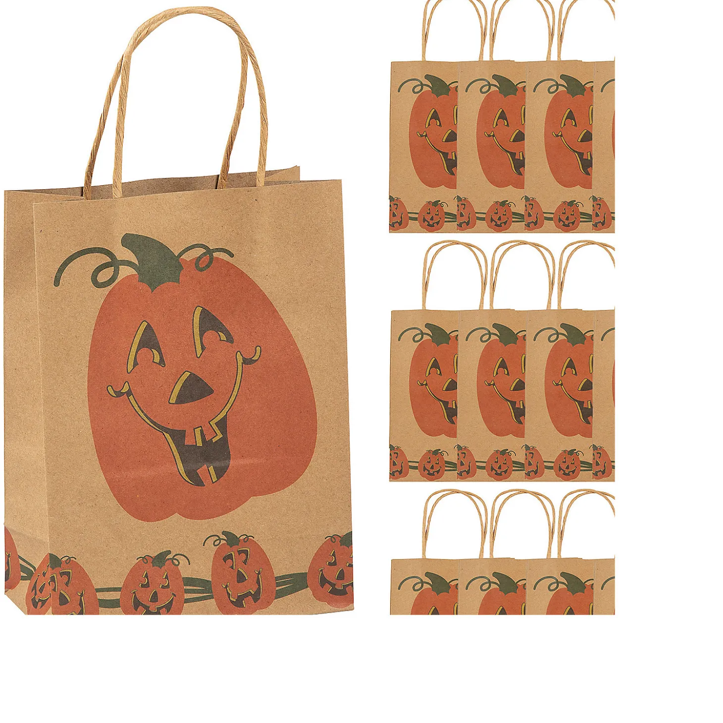 6 1/2" X 3 1/4" X 9" Medium Brown Jack-O'-Lantern Paper Gift Bags - 12 Pc.