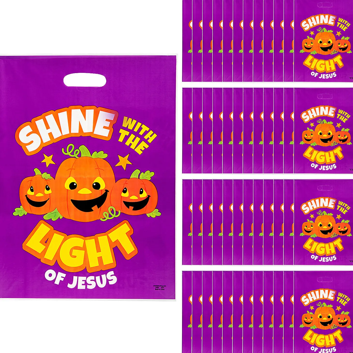 12 1/2" X 17" Bulk 50 Pc. Christian Pumpkin Trick-Or-Treat Plastic Goody Bags
