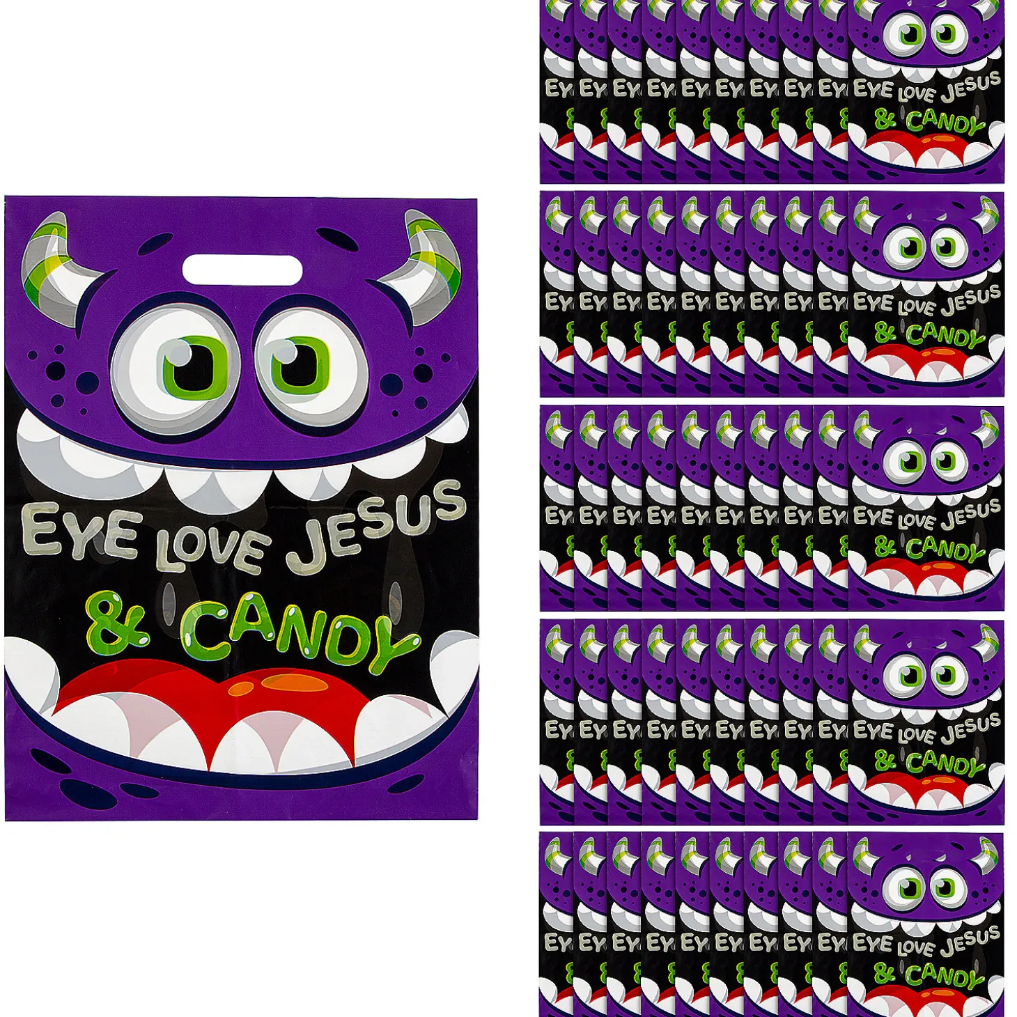 12 1/2" X 17" Bulk 50 Pc. Religious Monster Eye Love Jesus & Candy Plastic Goody Bags