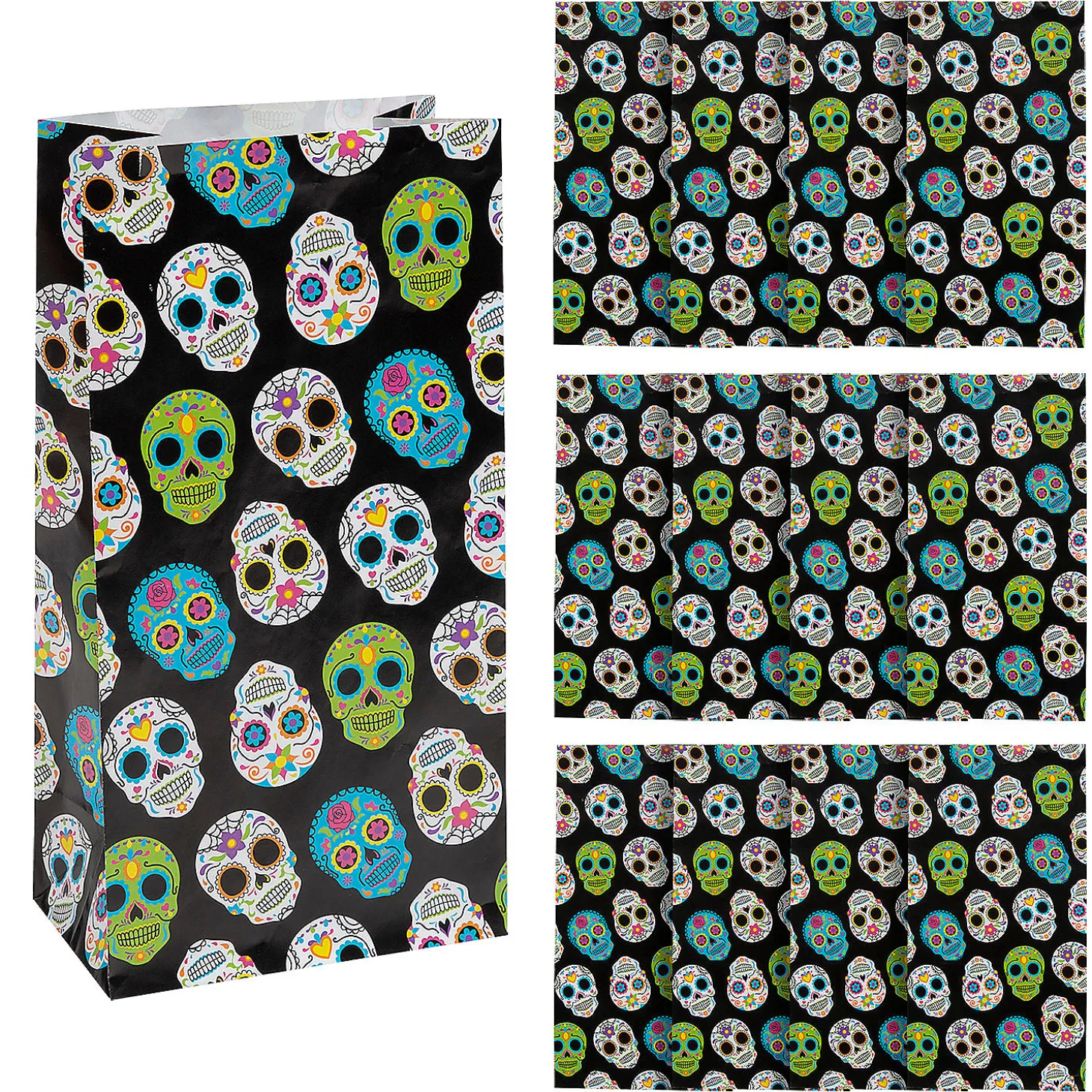 5 1/4" X 10" Day Of The Dead Sugar Skull Paper Treat Bags - 12 Pc.