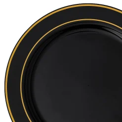 10.25" Black With Gold Edge Rim Plastic Dinner Plates (50 Plates)