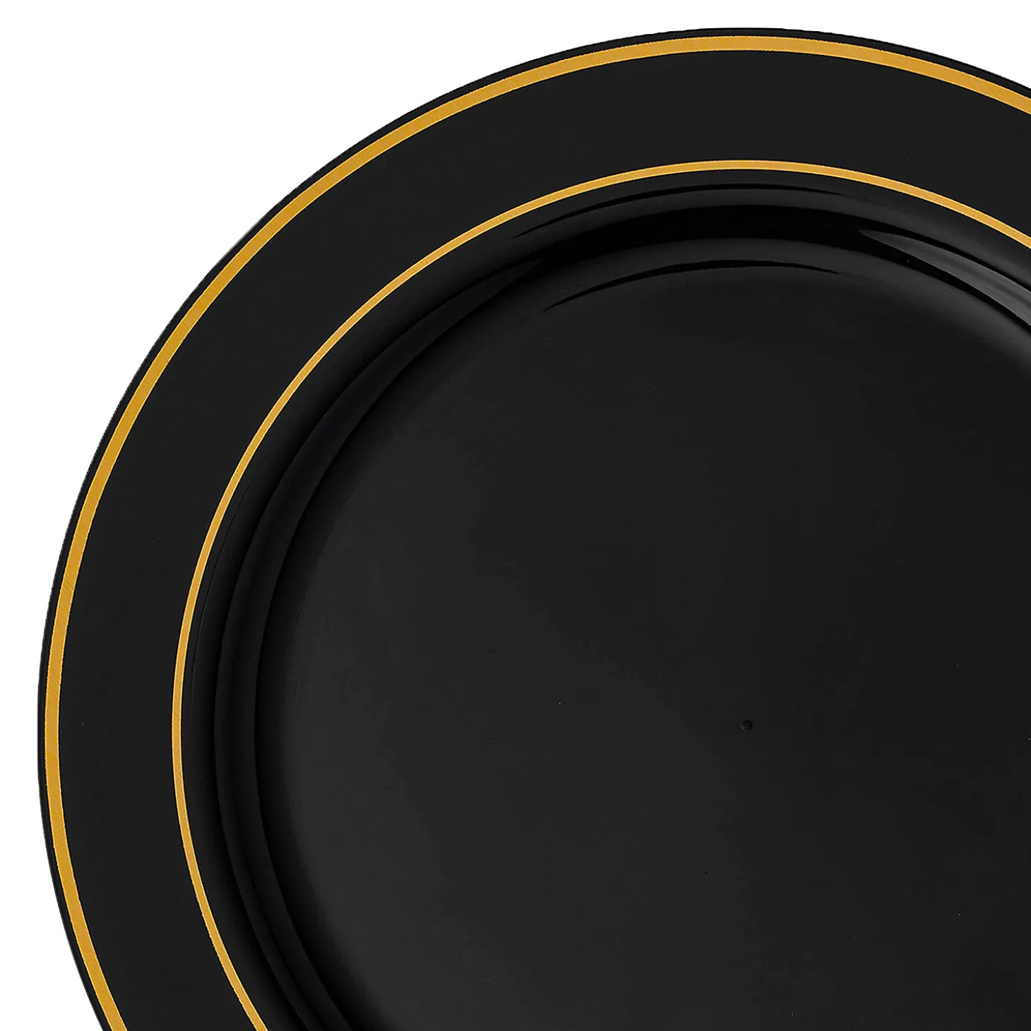 10.25" Black With Gold Edge Rim Plastic Dinner Plates (50 Plates)