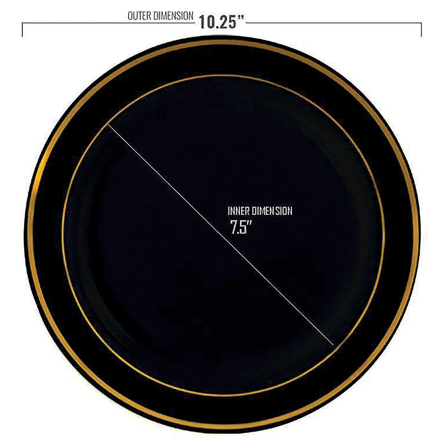 10.25" Black With Gold Edge Rim Plastic Dinner Plates (50 Plates)