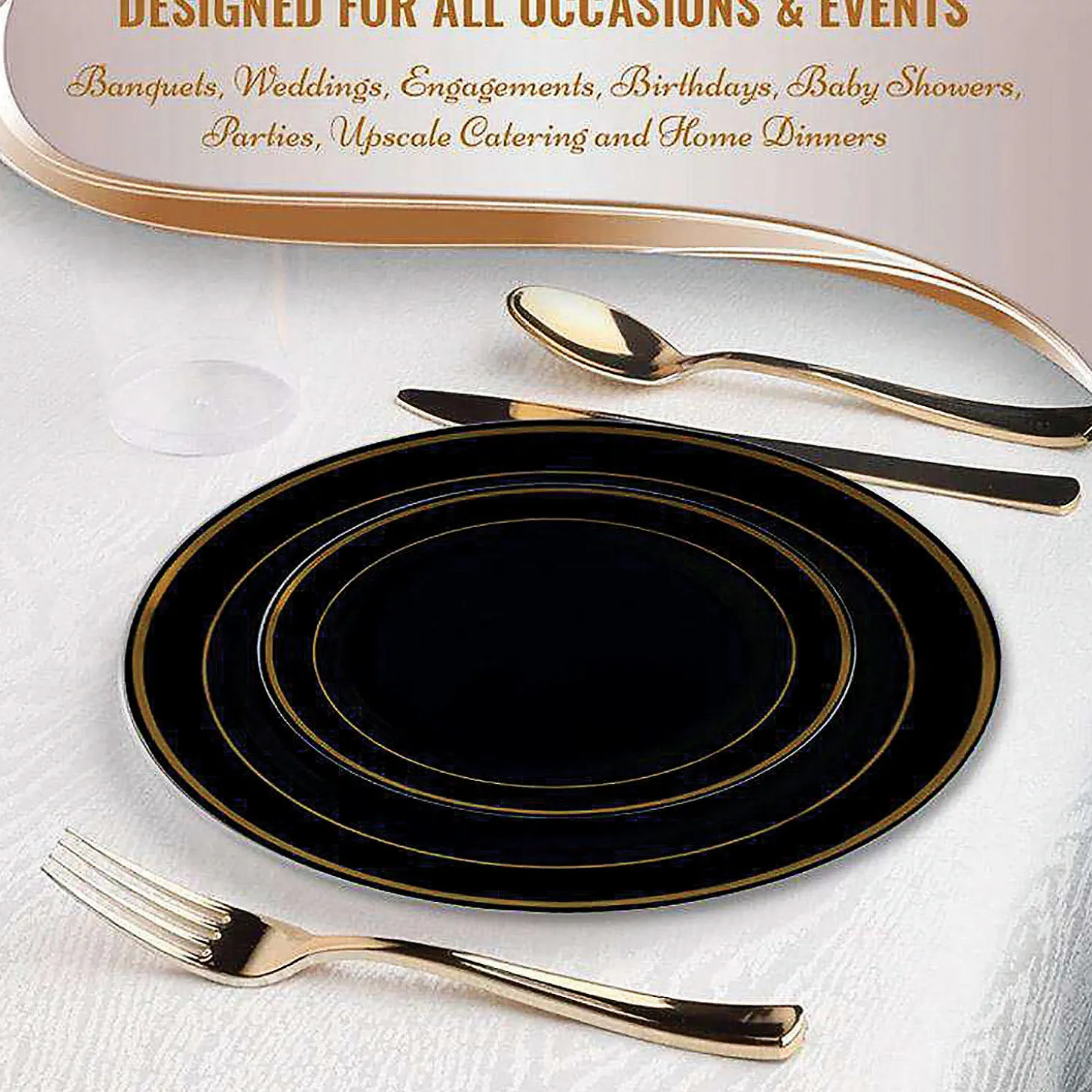 10.25" Black With Gold Edge Rim Plastic Dinner Plates (50 Plates)