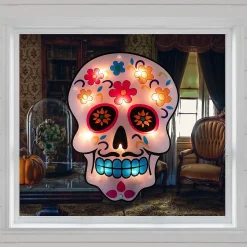 15" Lighted Day Of The Dead Sugar Skull Halloween Window Silhouette Decor
