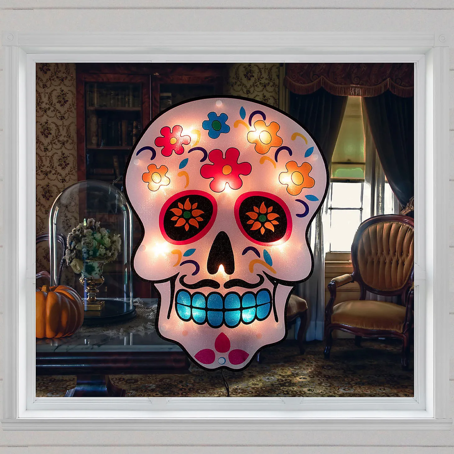 15" Lighted Day Of The Dead Sugar Skull Halloween Window Silhouette Decor