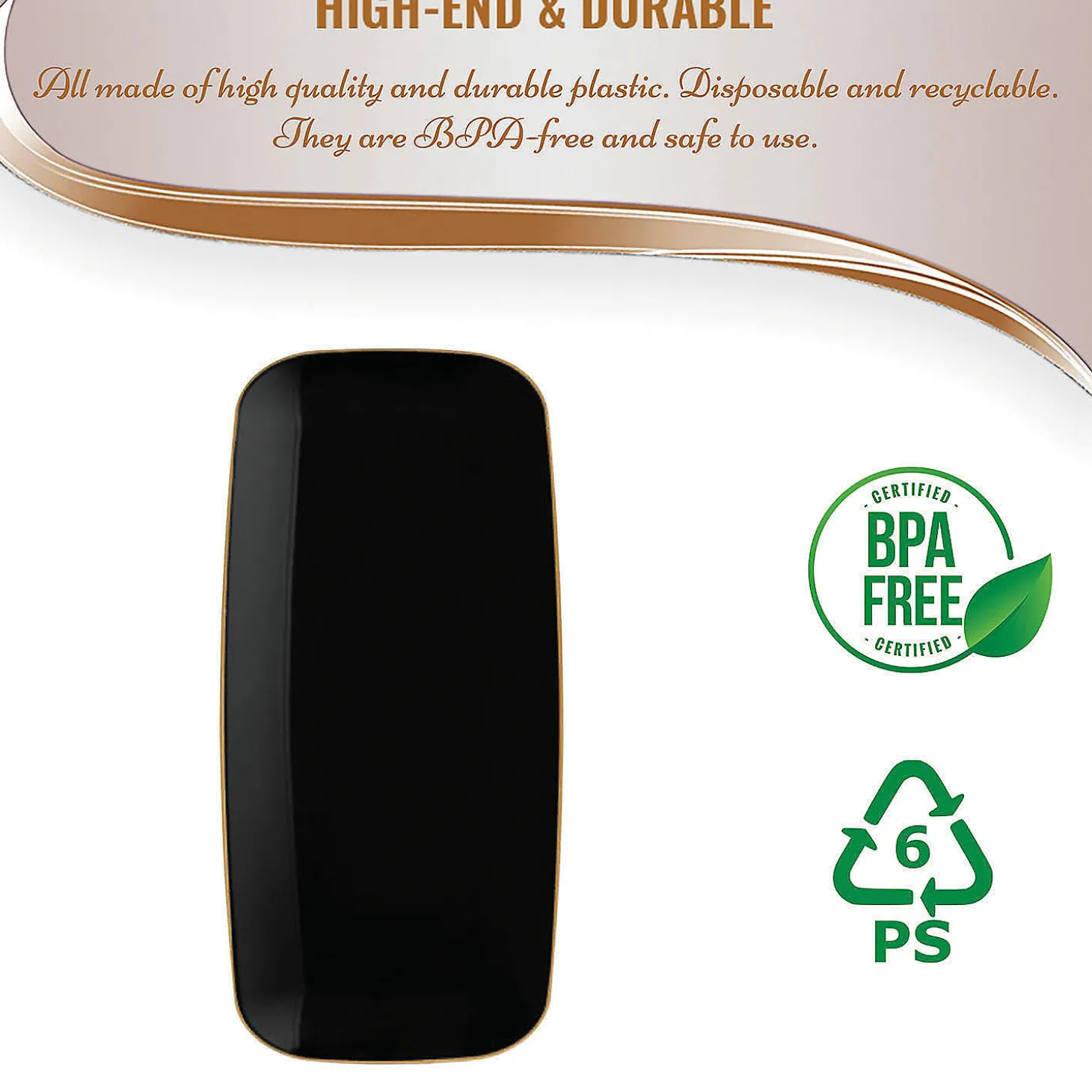 10.6" X 5" Black With Gold Rim Flat Raised Edge Rectangular Disposable Plastic Plates (50 Plates)