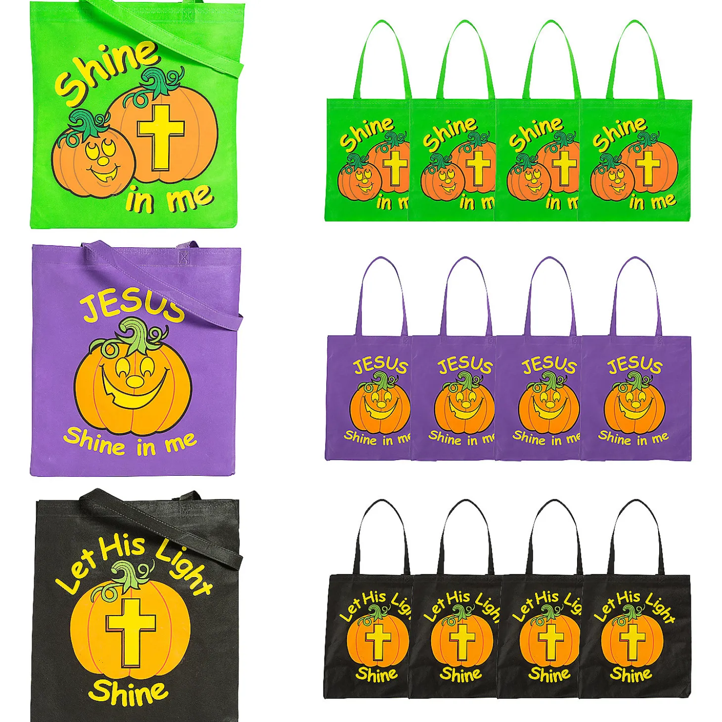 15" X 15" Large Nonwoven Glow-In-The-Dark Christian Pumpkin Tote Bags - 12 Pc.