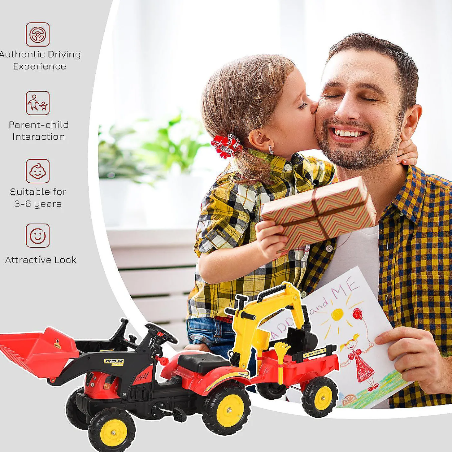 Aosom 3 In 1 Kids Ride On Bulldozer Excavator W/Cargo Trailer