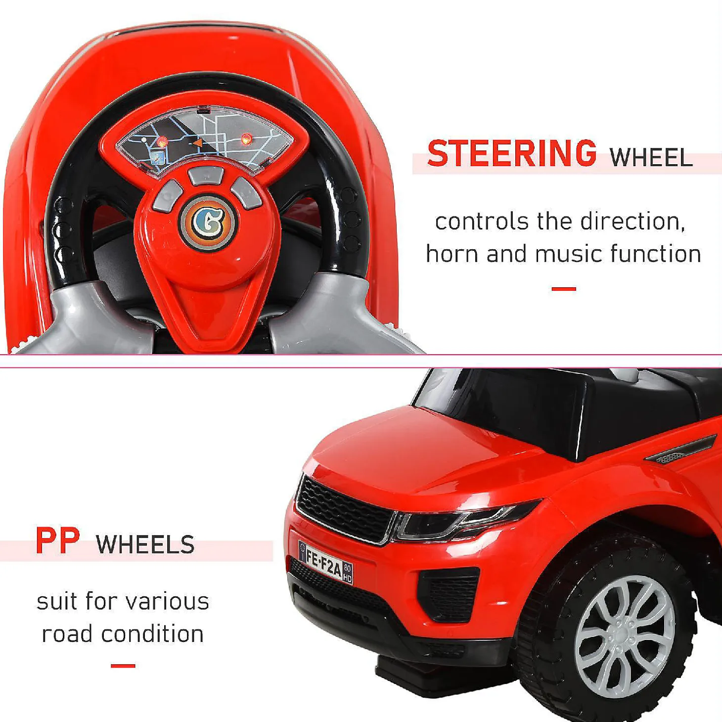 Aosom 3 In 1 Toddler Push Car W/Music Lights And Secure Bar 1-3Yr Red