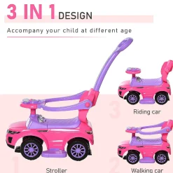 Aosom 3 In 1 Toddler Push Car W/Music Lights And Secure Bar 1-3Yr Pink
