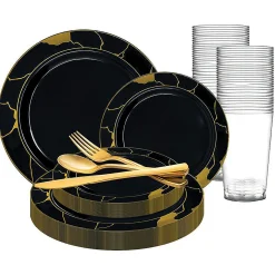 Black With Gold Marble Disposable Plastic Dinnerware Value Set (20 Settings)