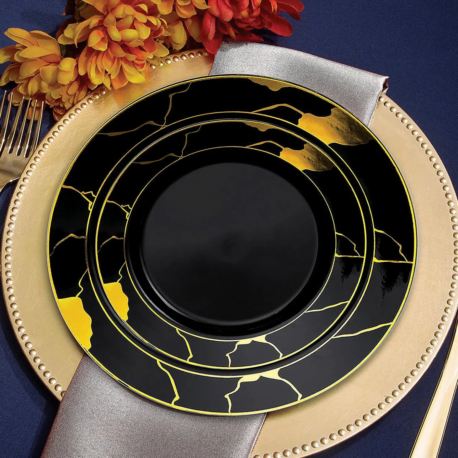 Black With Gold Marble Disposable Plastic Dinnerware Value Set (20 Settings)