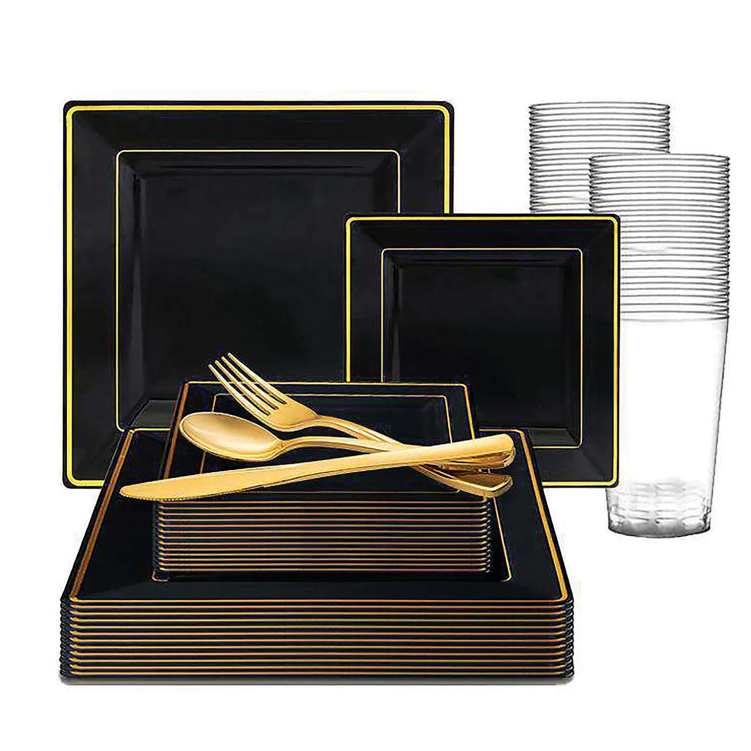 Black With Gold Square Edge Rim Plastic Dinnerware Value Set (20 Settings)