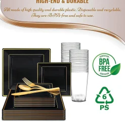 Black With Gold Square Edge Rim Plastic Dinnerware Value Set (20 Settings)