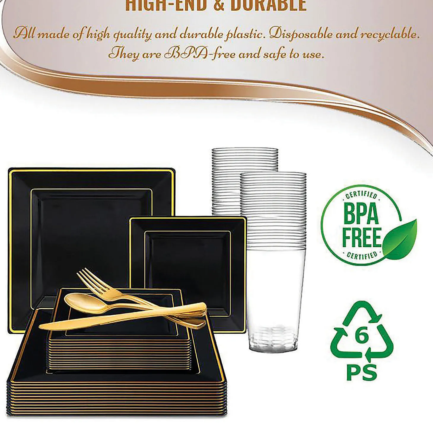 Black With Gold Square Edge Rim Plastic Dinnerware Value Set (20 Settings)