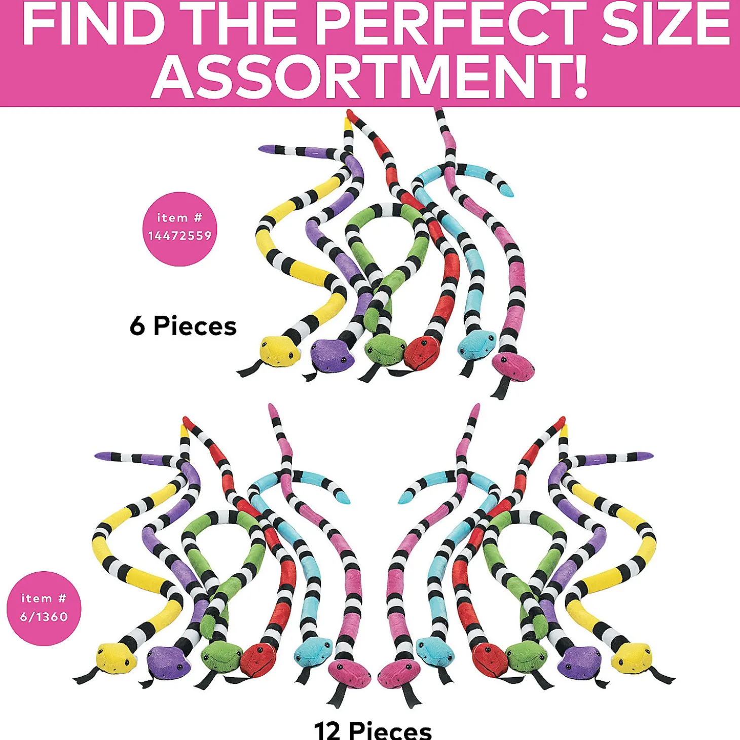 Bright Striped Stuffed Snakes - 12 Pc.