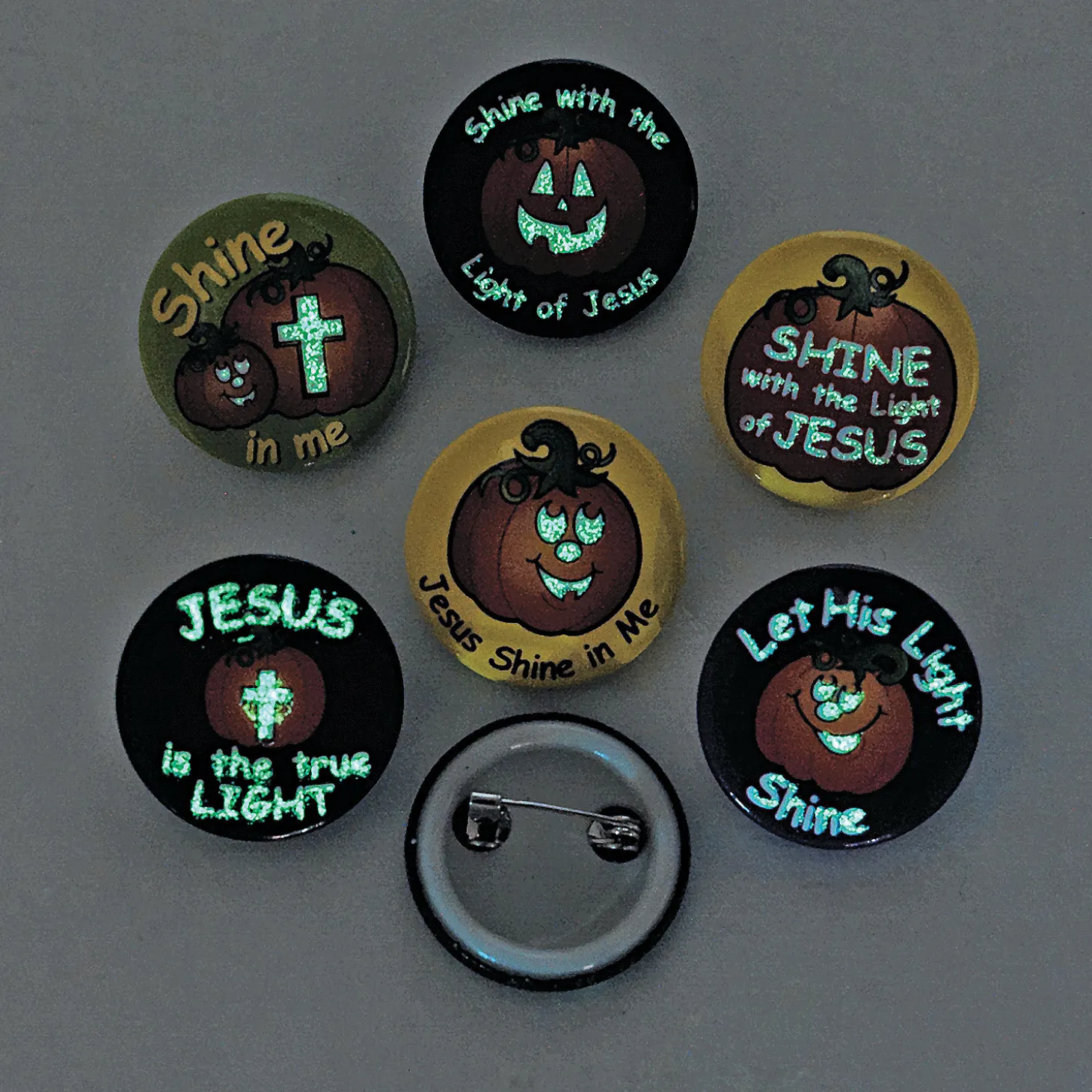 Bulk 48 Pc. Christian Pumpkin Glow-In-The-Dark Mini Buttons