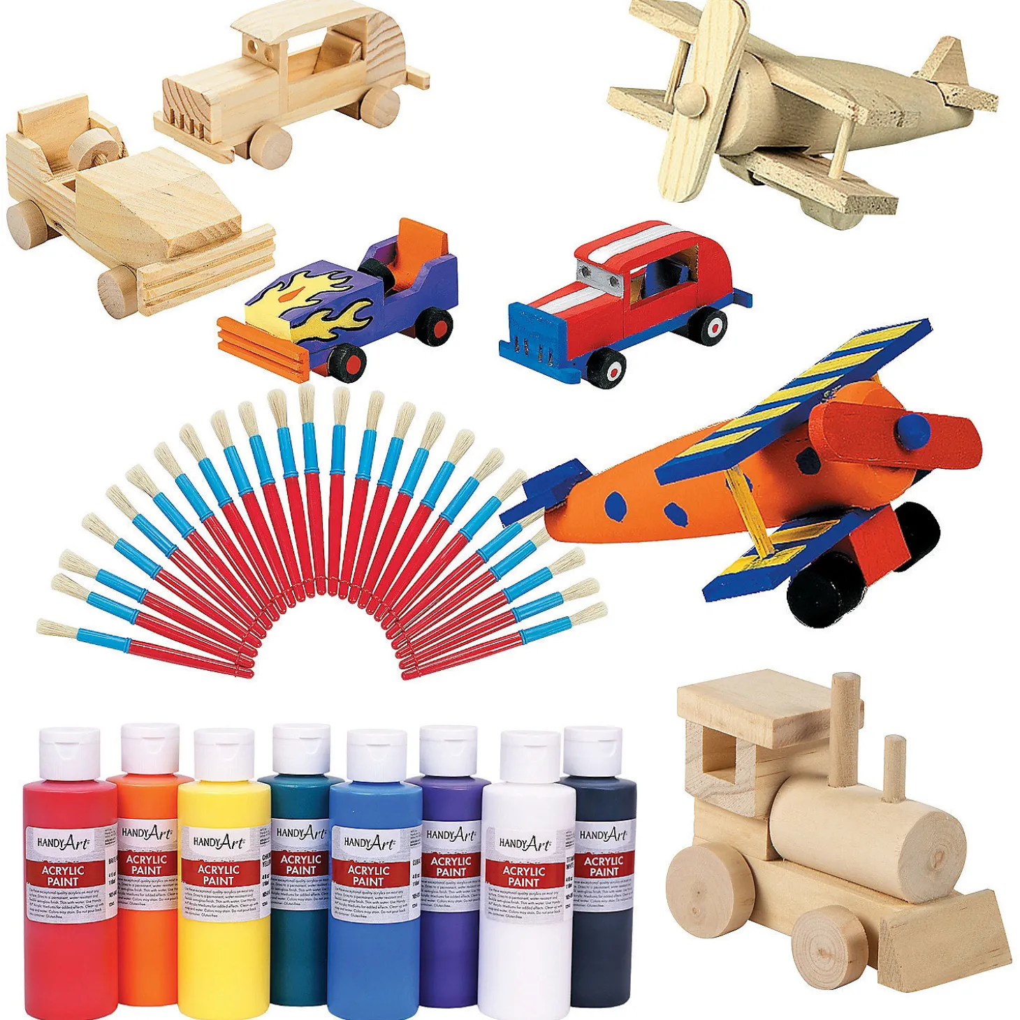 Bulk 68 Pc. Unfinished Wood Cars, Trains & Planes Craft Kit Assortment- Makes 36