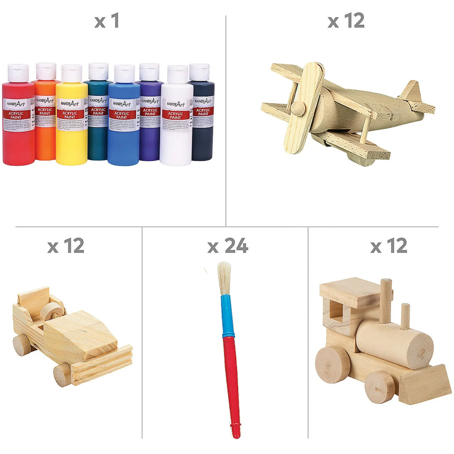 Bulk 68 Pc. Unfinished Wood Cars, Trains & Planes Craft Kit Assortment- Makes 36