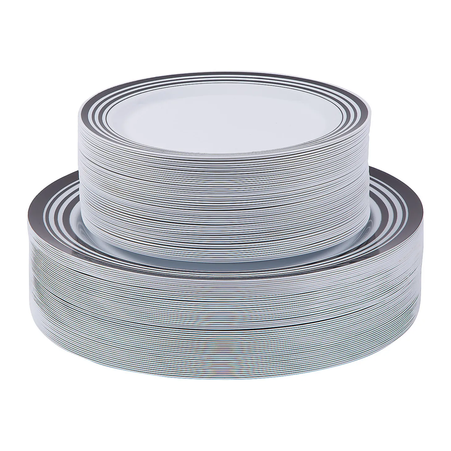 Bulk Premium White Plastic Plates With Black & White Trim - 100 Ct.