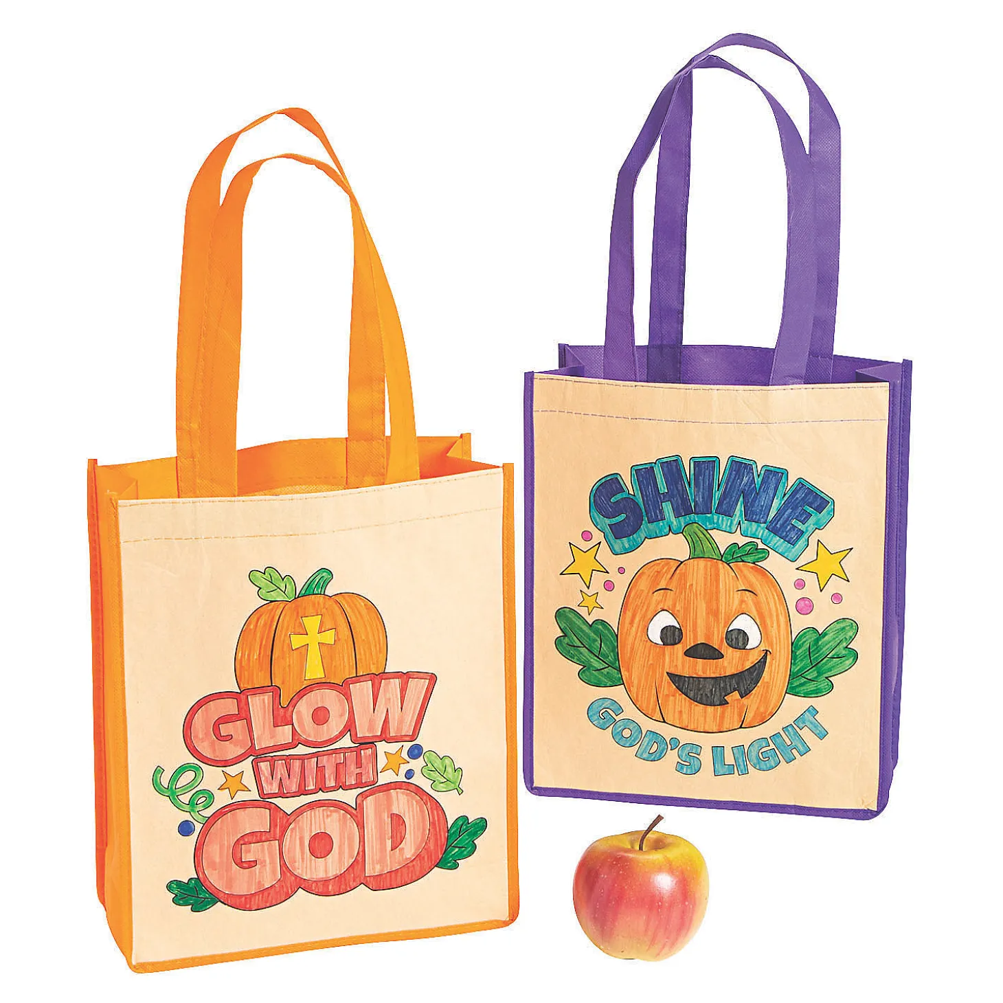 Color Your Own Medium Christian Pumpkin Halloween Nonwoven Tote Bags - 12 Pc.