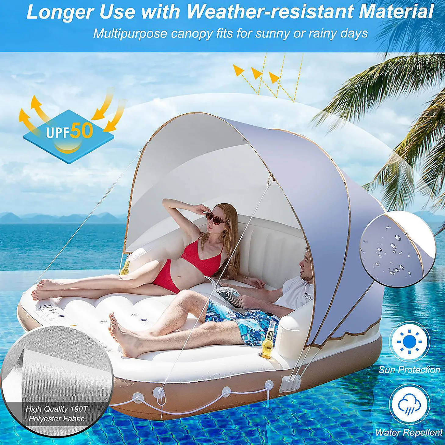 Costway Floating Island Inflatable Swimming Pool Float Lounge Raft With Canopy Spf50+ Retractable Detachable Sunshade With Two Cup Holders