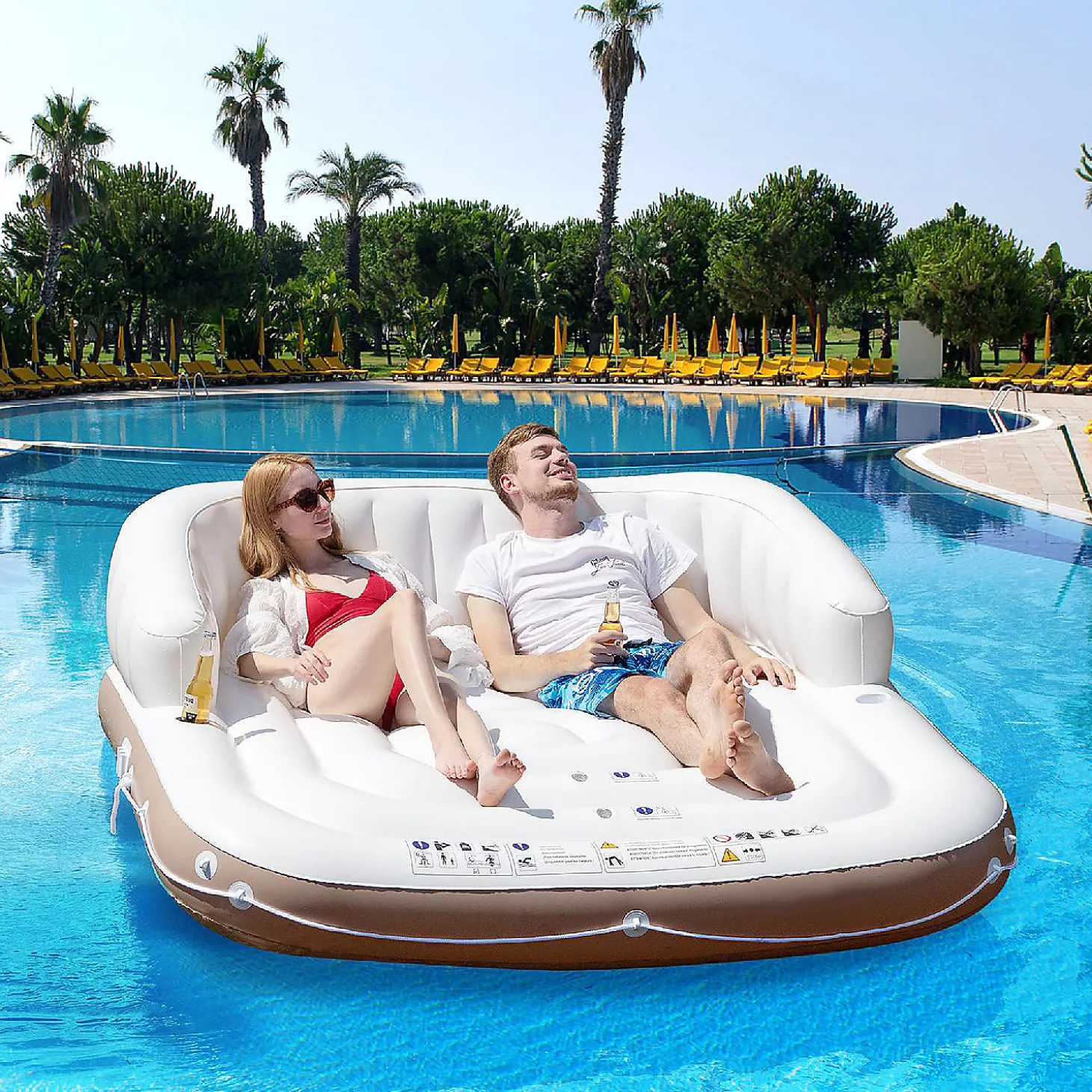 Costway Floating Island Inflatable Swimming Pool Float Lounge Raft With Canopy Spf50+ Retractable Detachable Sunshade With Two Cup Holders