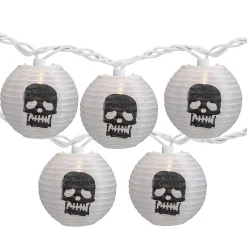 10-Count White And Black Skull Paper Lantern Halloween Lights 8.5Ft White Wire