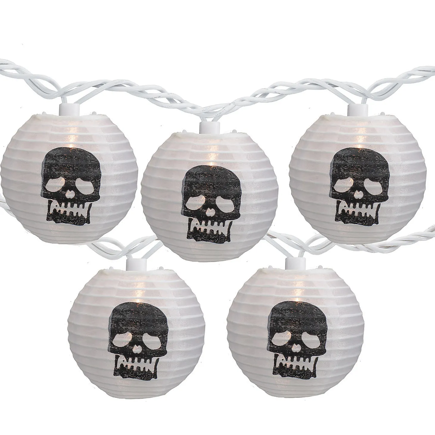 10-Count White And Black Skull Paper Lantern Halloween Lights 8.5Ft White Wire
