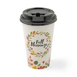 Fall Blessings Autumn Wreath Disposable Paper Coffee Cups With Lids - 12 Pc.