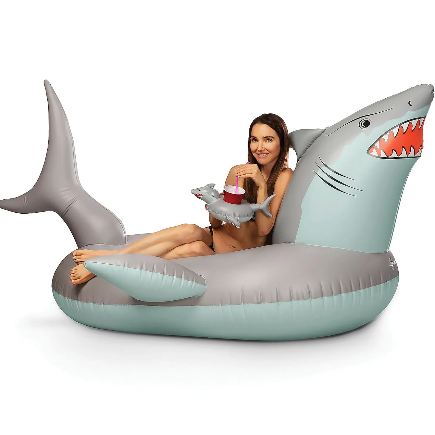 Gofloats Giant Inflatable Shark Pool Float With Shark Drink Float