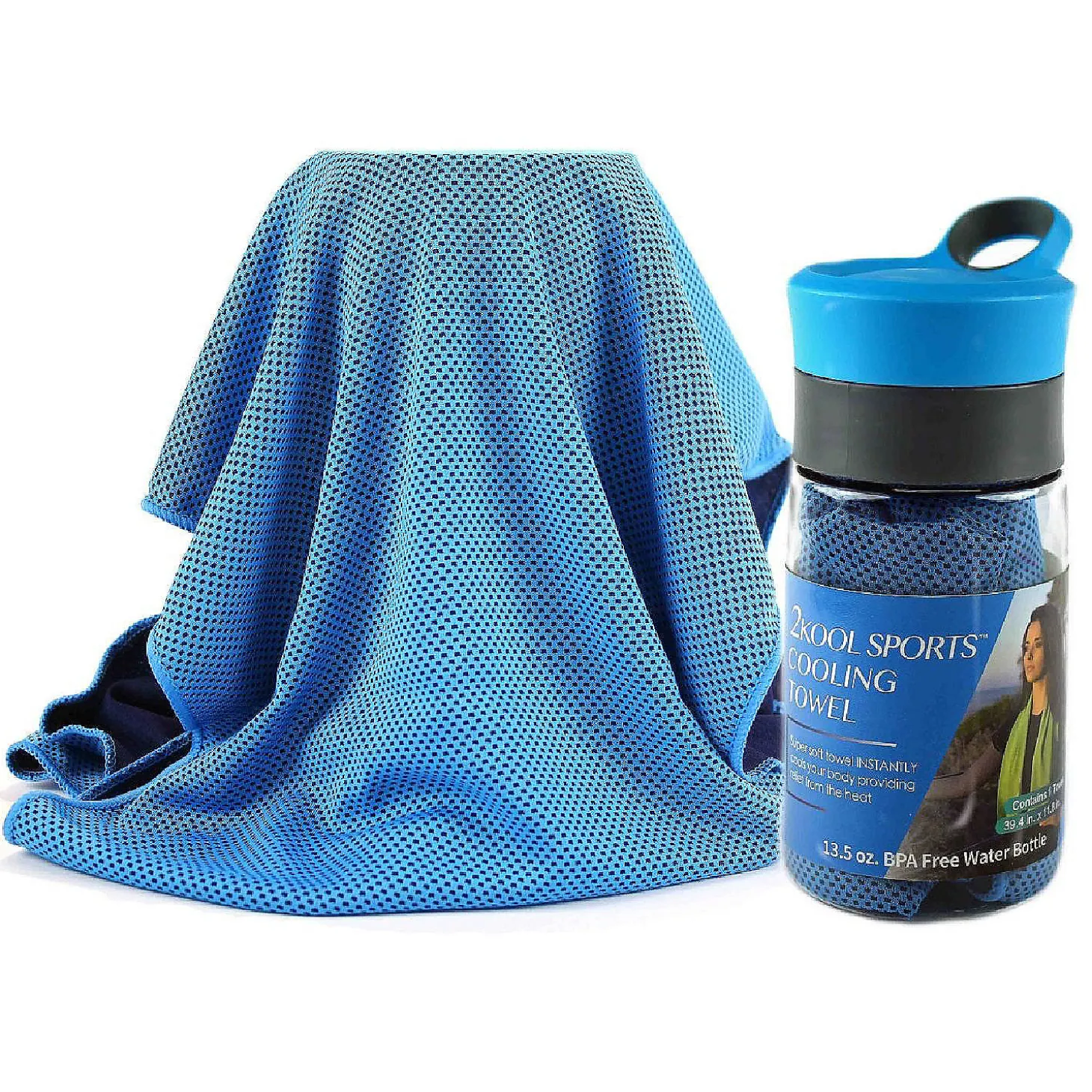 Grand Fusion Housewares 2Kool Sports Cooling Towel With 13.5 Oz. Bpa Free Tritan Water Bottle For Sports/ Light Blue