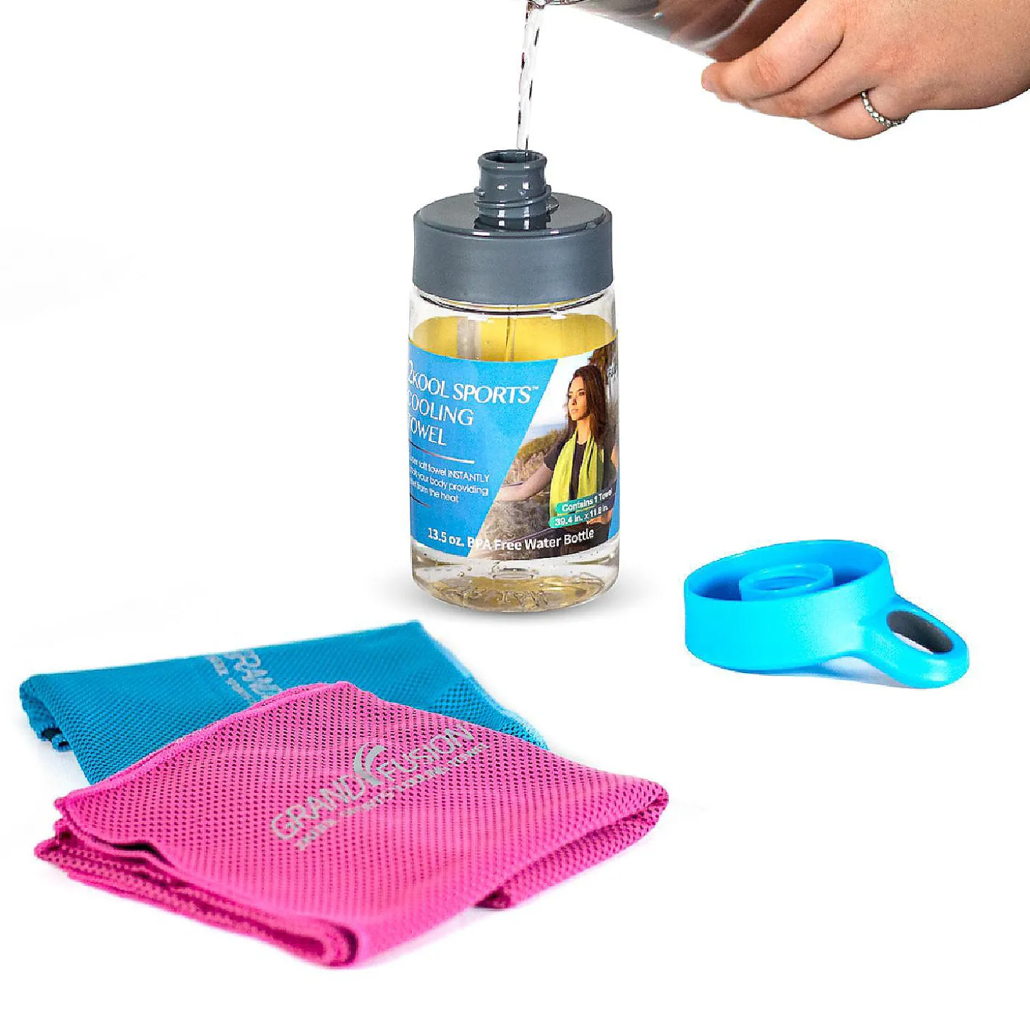 Grand Fusion Housewares 2Kool Sports Cooling Towel With 13.5 Oz. Bpa Free Tritan Water Bottle For Sports/ Light Blue