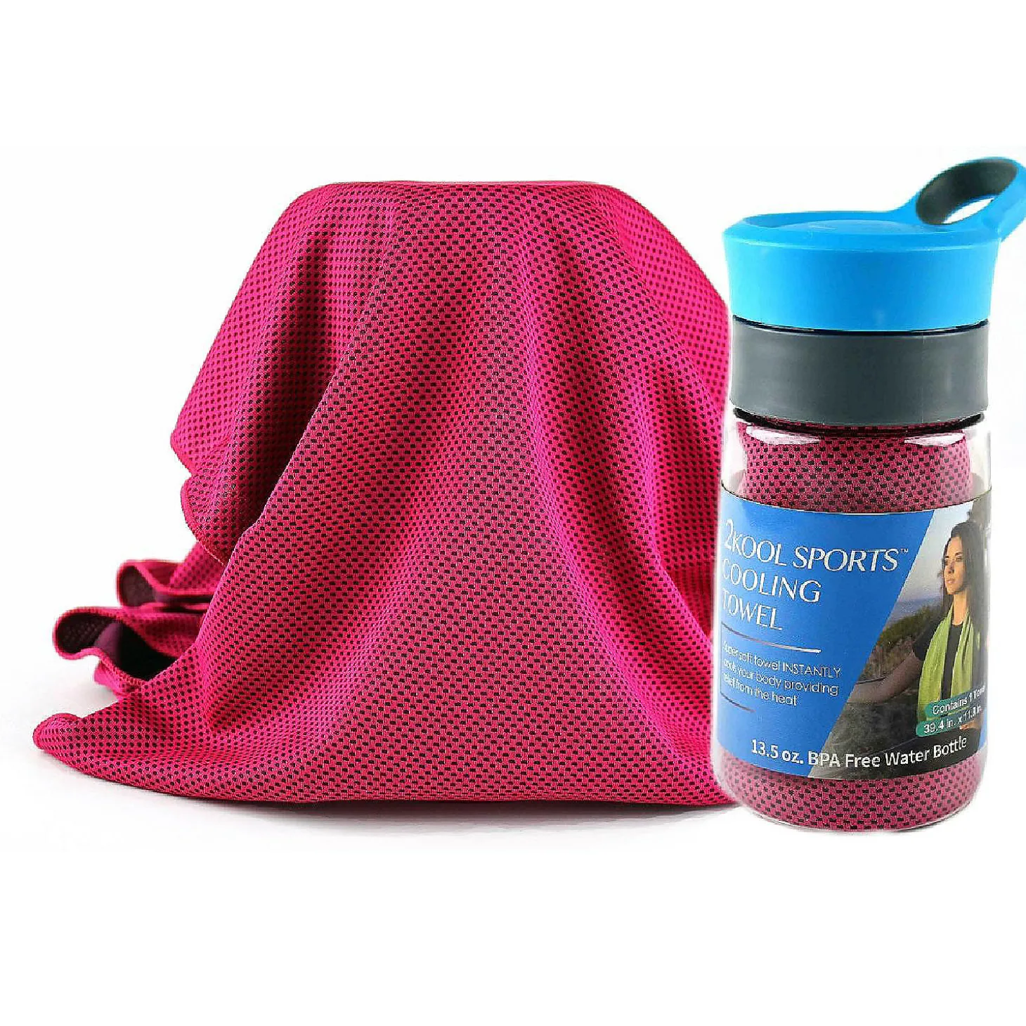 Grand Fusion 2Kool Sports Cooling Towel With 13.5 Oz. Tritan Water Bottle For Sports / Hot Pink