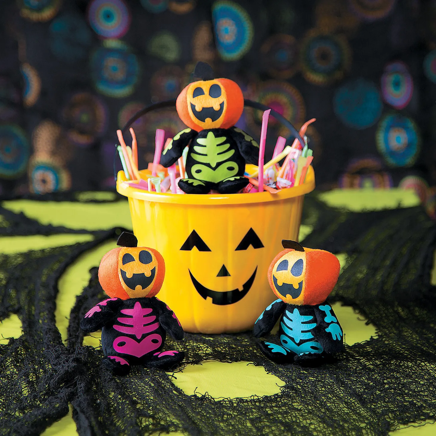 Halloween Spookadelic Stuffed Skeletons With Jack-O'-Lantern Head - 12 Pc.