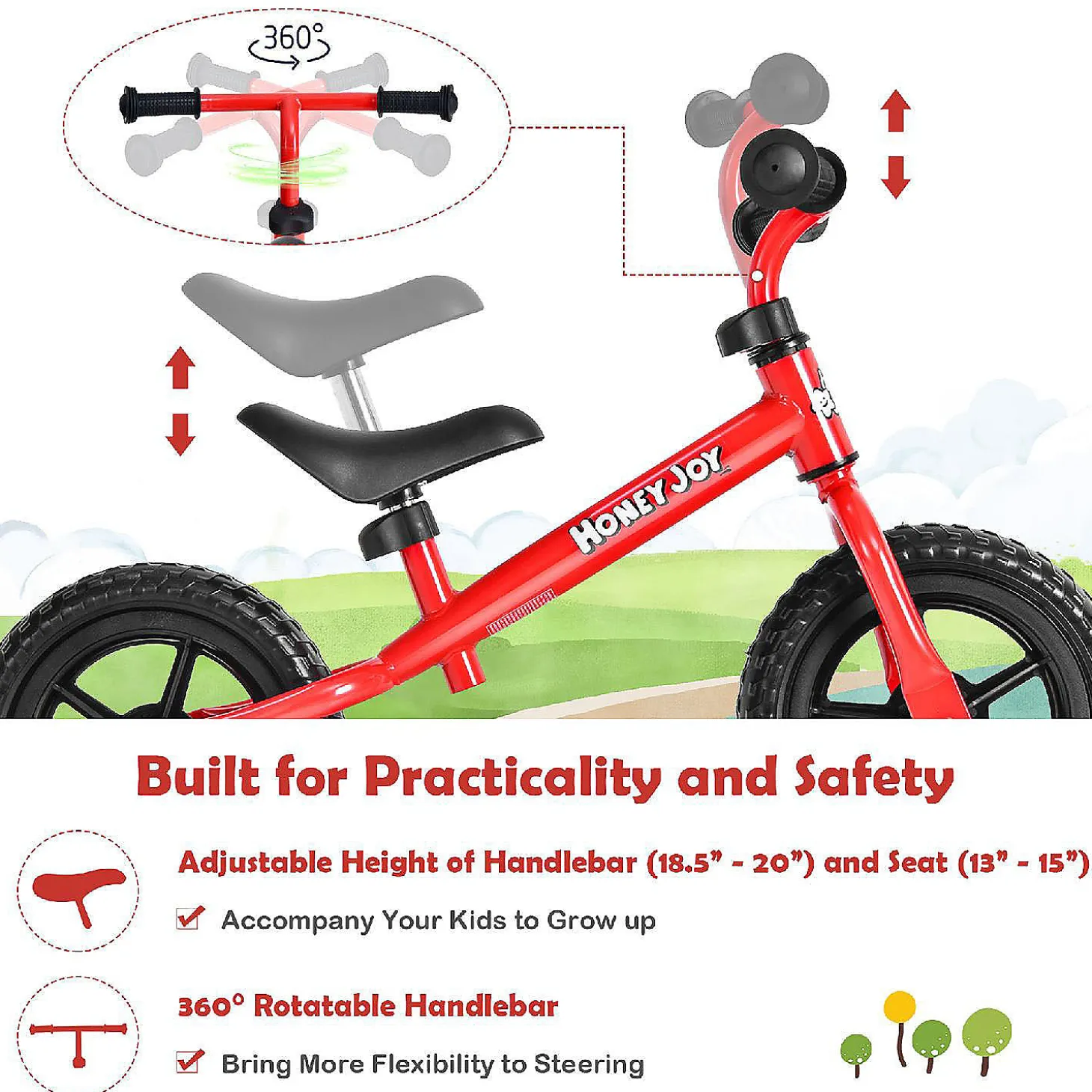 Honeyjoy Balance Bike No Pedal W/ Adjustable Handlebar & Seat Red