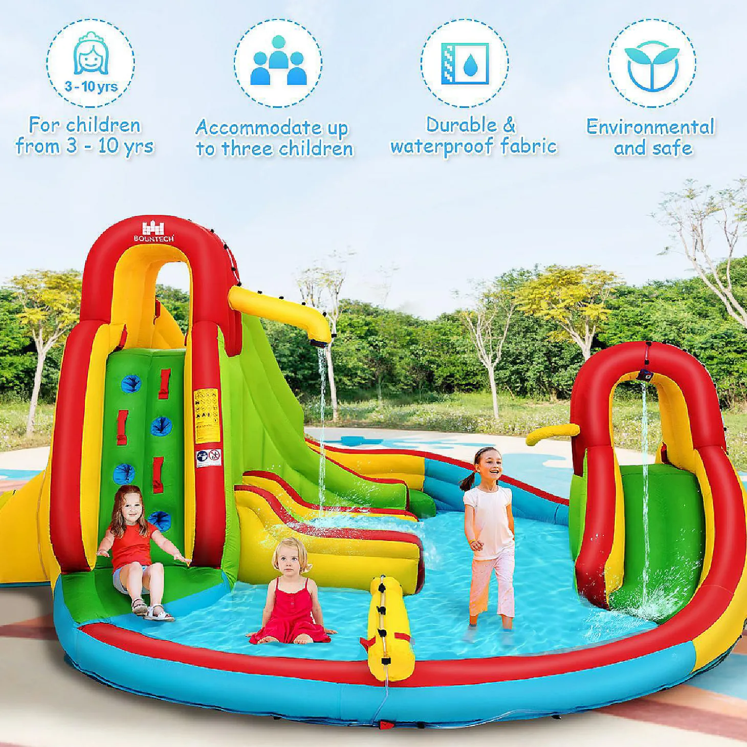 Inflatable Kids Water Slide Park With Climbing Wall Water Cannon And Splash Pool
