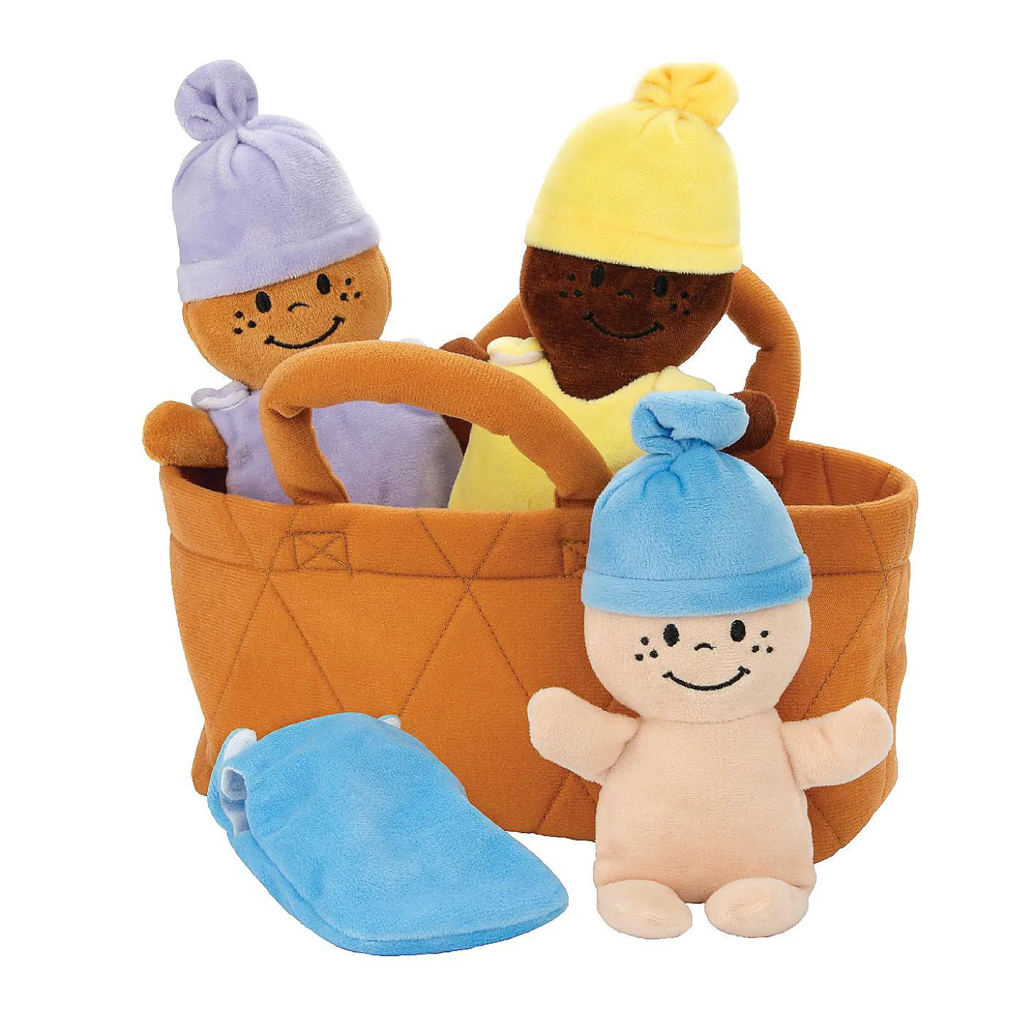 Kovot 3 Plush Babies In Soft Carrier Basket - Squeeze To Hear Them Giggle - Removable Dress
