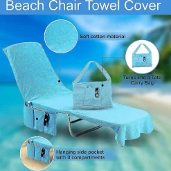 Kovot Chaise Lounge Beach Chair Towel Cover With Pockets Light Blue 84 X 26 Inches 2 Pack