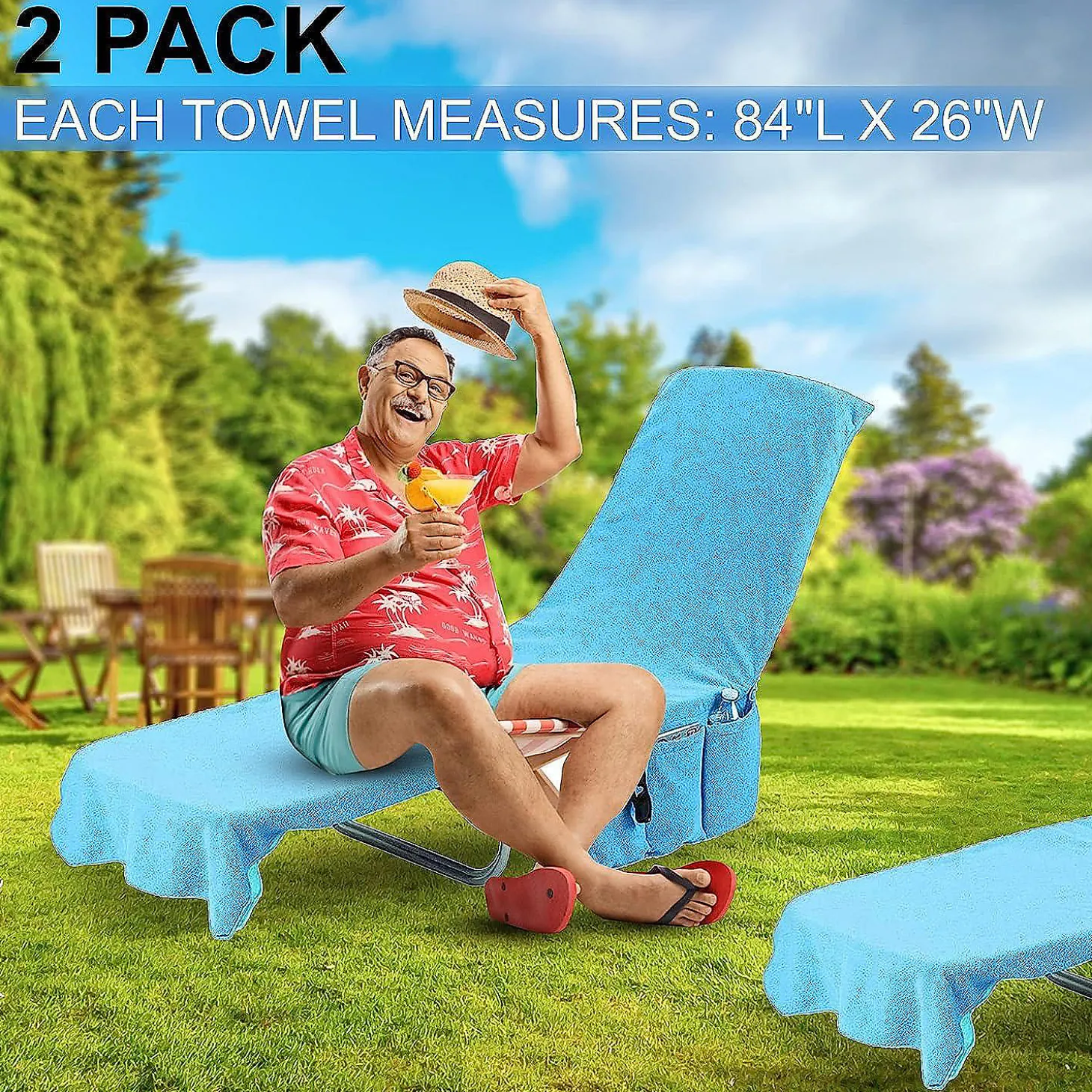 Kovot Chaise Lounge Beach Chair Towel Cover With Pockets Light Blue 84 X 26 Inches 2 Pack