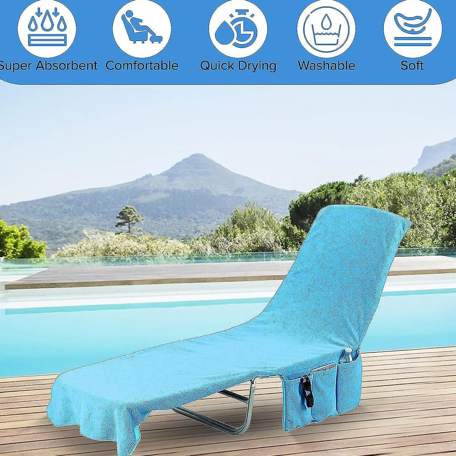 Kovot Chaise Lounge Beach Chair Towel Cover With Pockets Light Blue 84 X 26 Inches 2 Pack
