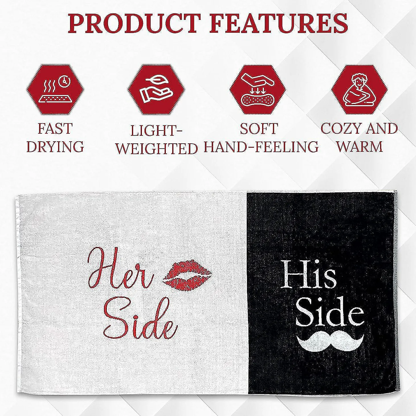 Kovot Her Side His Side Towel With Mustache And Red Lips. For Mr. And Mrs. Beach Or Bath, 30 Inch X 56 Inch