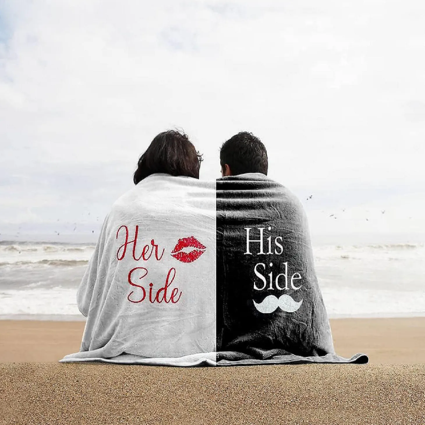 Kovot Her Side His Side Towel With Mustache And Red Lips. For Mr. And Mrs. Beach Or Bath, 30 Inch X 56 Inch