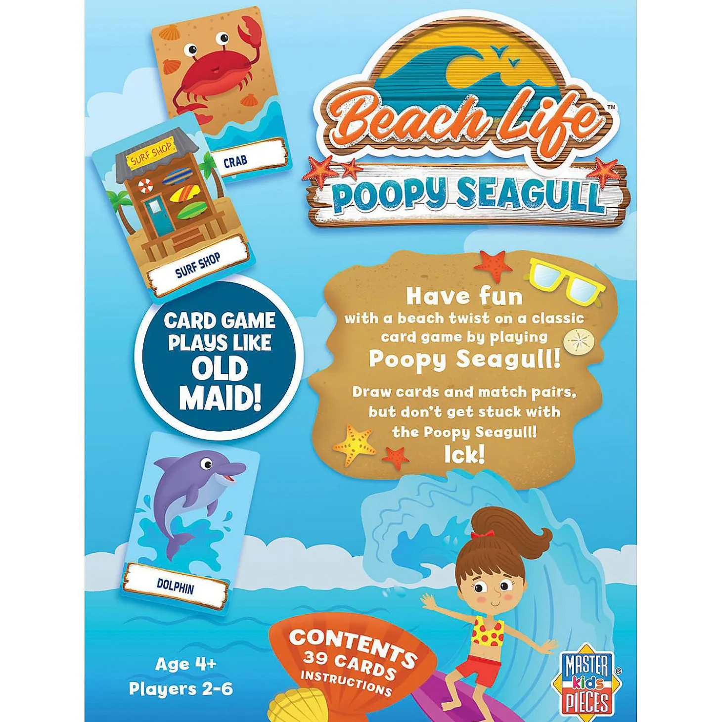 Masterpieces Licensed Kids Games - Beach Life - Seagull Poop Card Game For Kids & Family